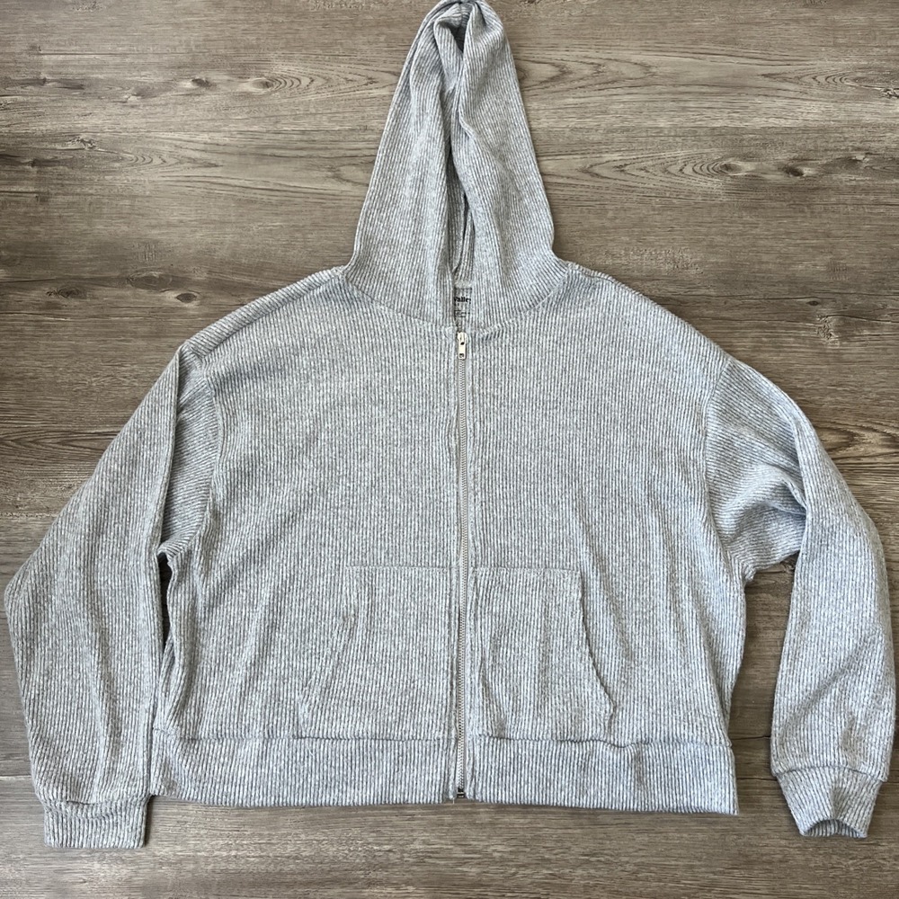 Vine and Valley Grey Ribbed Zip Up Hoodie Womens Large Boxy Lounge Sweatshirt